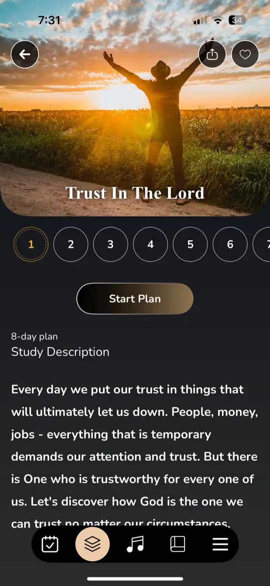 Guided study plan screen listing topical Bible studies